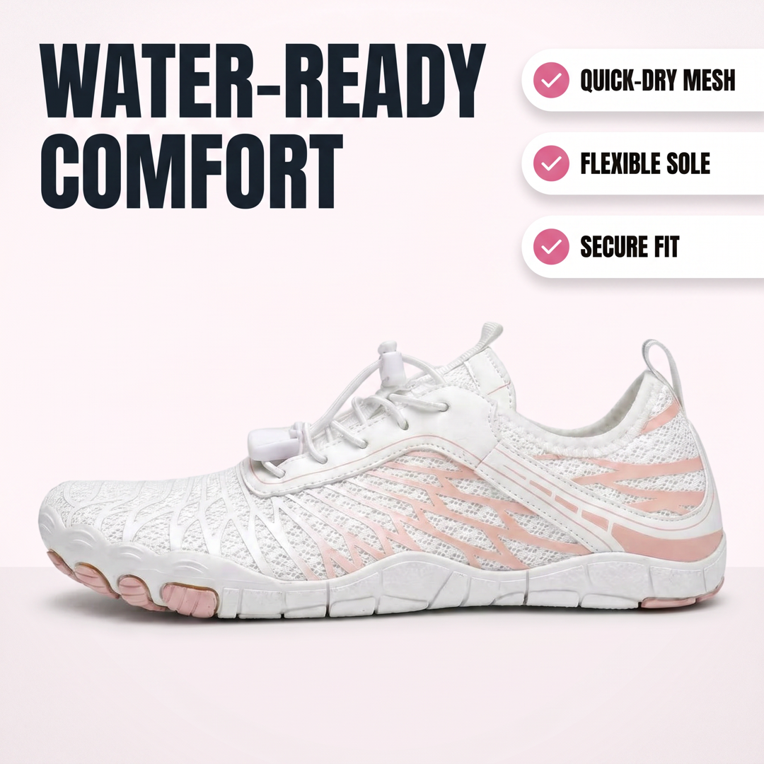 AquaFlex water-ready comfort hero image with quick-dry mesh, flexible sole, and secure fit