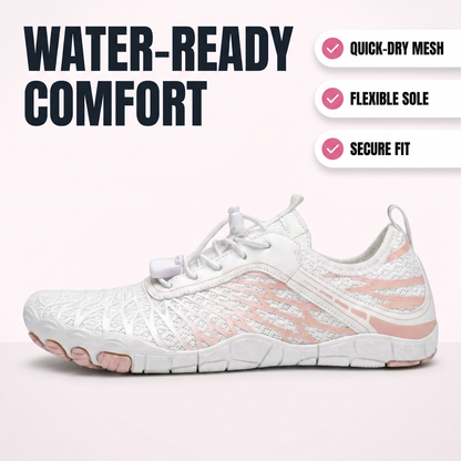 AquaFlex water-ready comfort hero image with quick-dry mesh, flexible sole, and secure fit