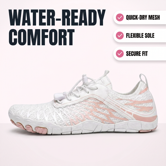 AquaFlex water-ready comfort hero image with quick-dry mesh, flexible sole, and secure fit