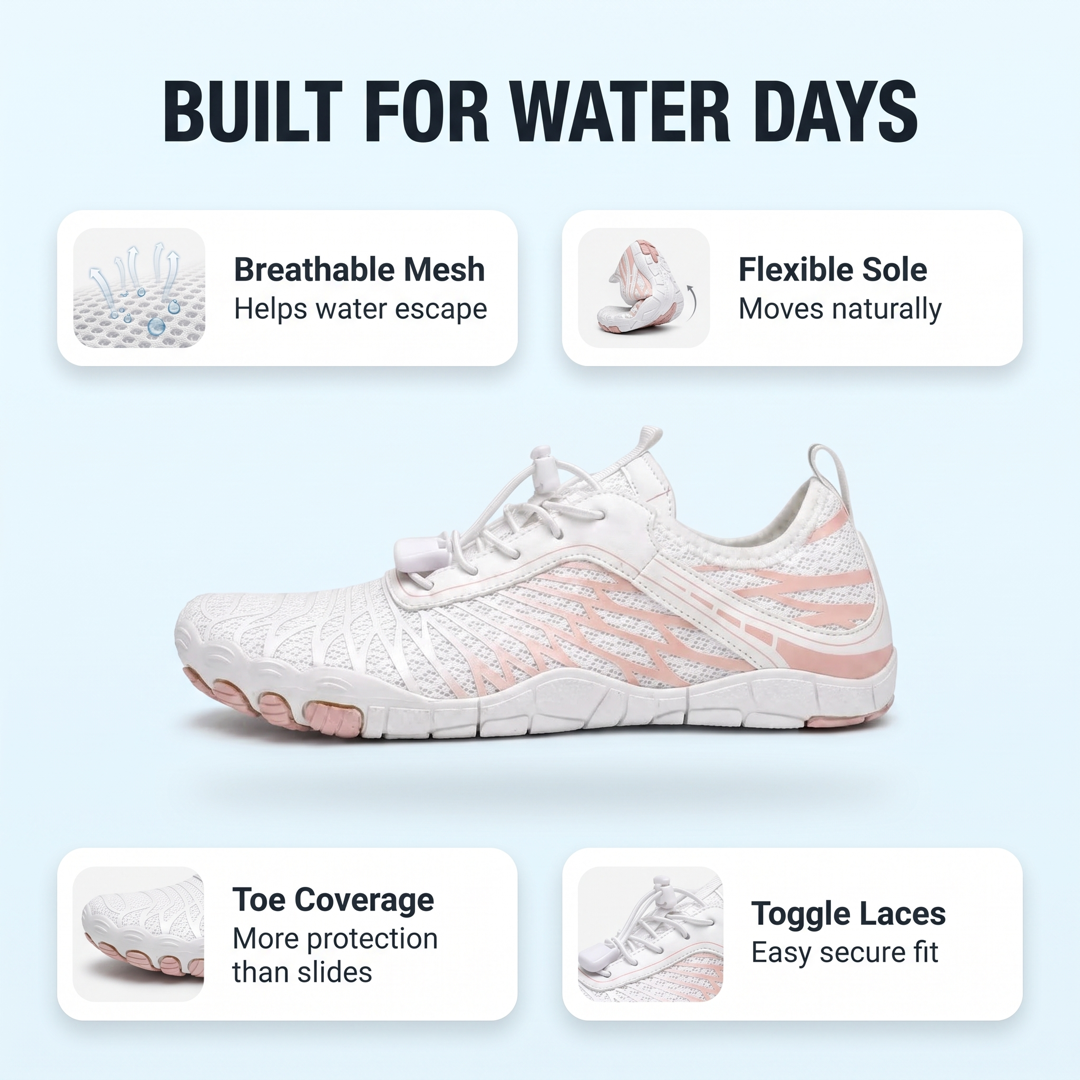 AquaFlex feature image showing breathable mesh, flexible sole, toe coverage, and toggle laces