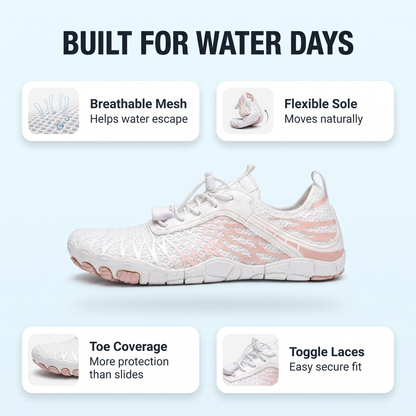 AquaFlex feature image showing breathable mesh, flexible sole, toe coverage, and toggle laces