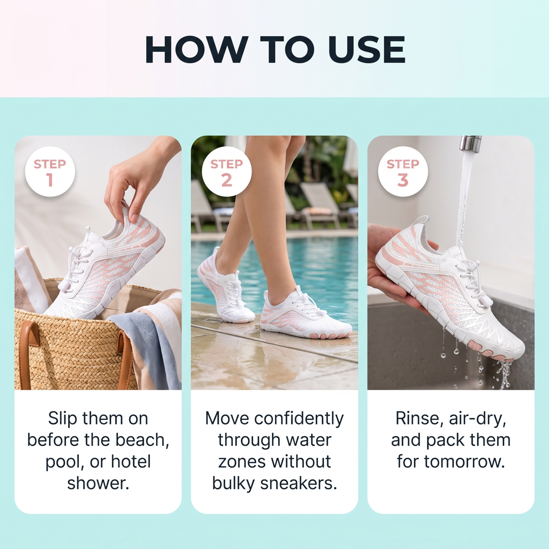 AquaFlex how to use image showing slip on, move confidently, rinse and air dry